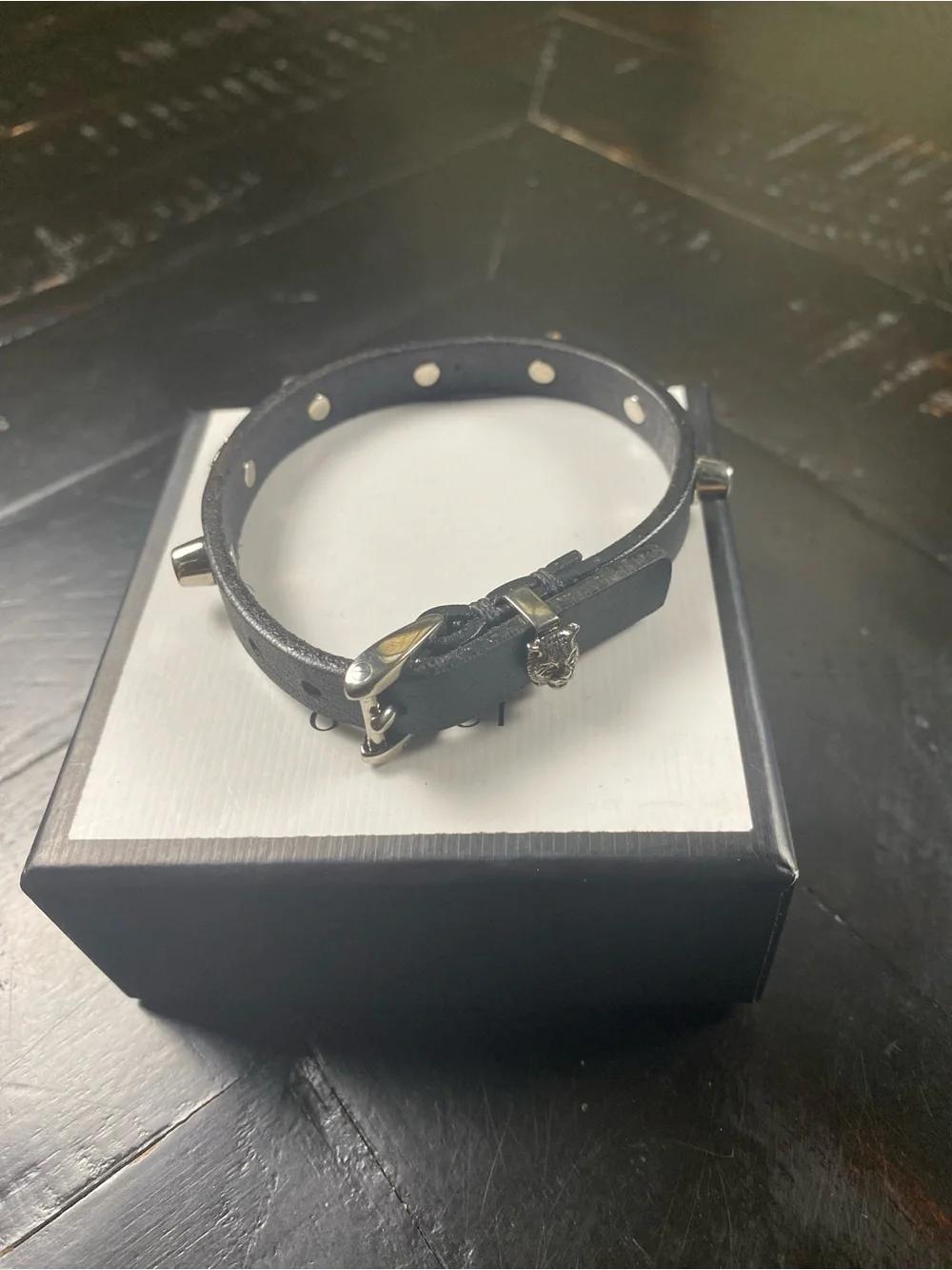 Gucci Black Leather Studded Bracelet with Silver-tone Emblems